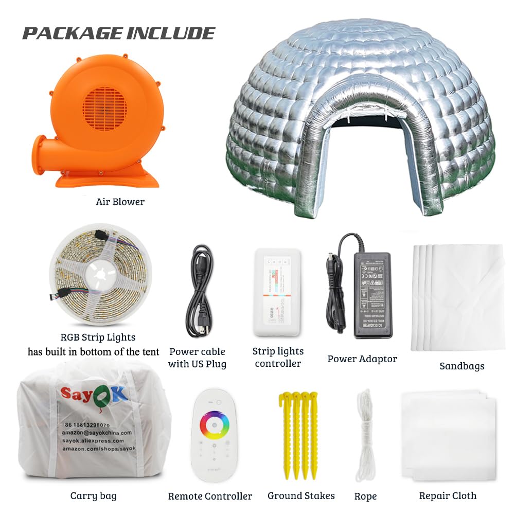 SAYOK Outdoor Portable Inflatable Igloo Dome Tent with Led Light for Party Wedding Event Camping