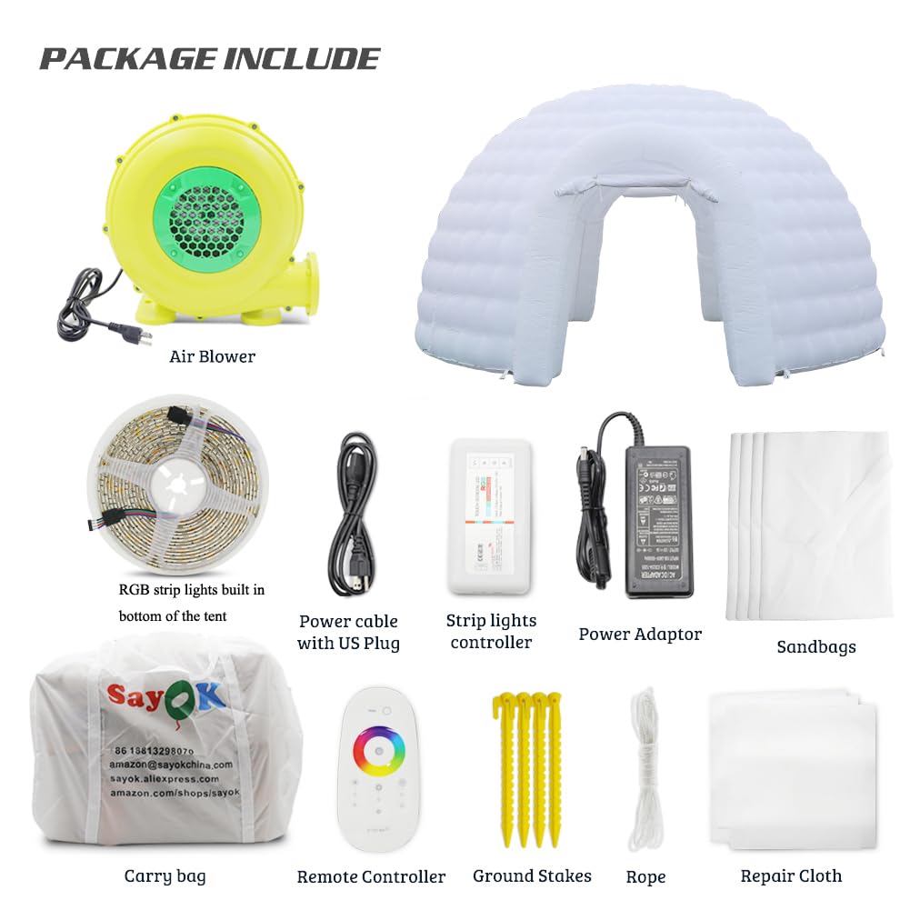 SAYOK Outdoor Portable Inflatable Igloo Dome Tent with Led Light for Party Wedding Event Camping