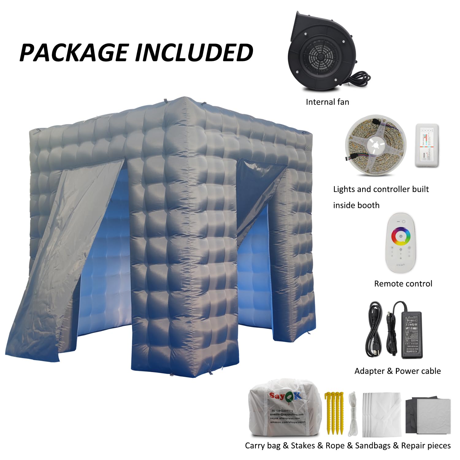 SAYOK Portable Inflatable Photo Booth Enclosure Photobooth Tent Photo Booth Backdrop Inflatable Black Cube Tent with Led Light for Advertising, Bars, Party Wedding (Two Doors, Black&White, 8.2ft)